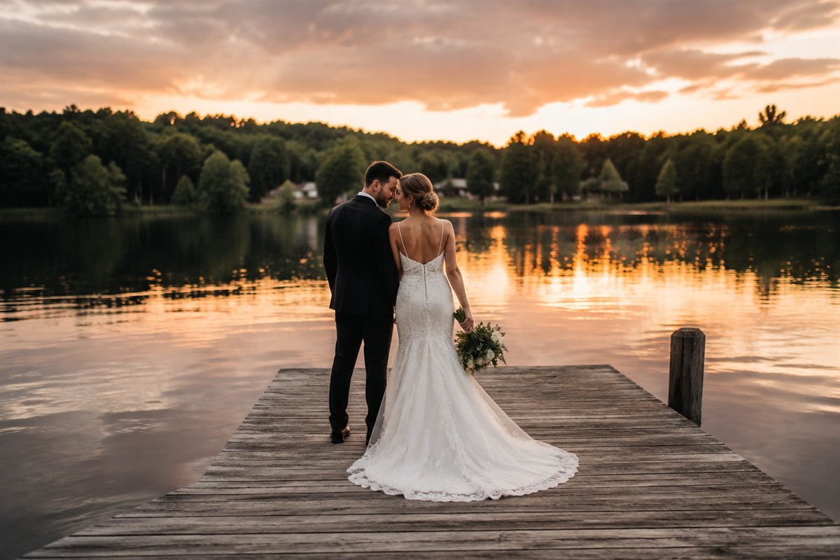 A couple at the end of a dock over a calm lake at sunset